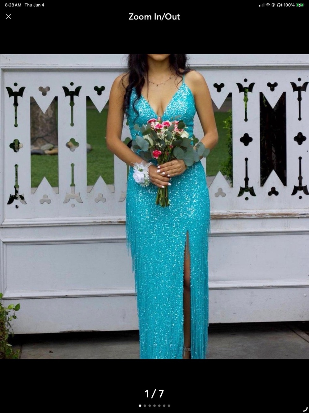 Jovani Turquoise Sequin Fringe V-Neck Prom Gown
